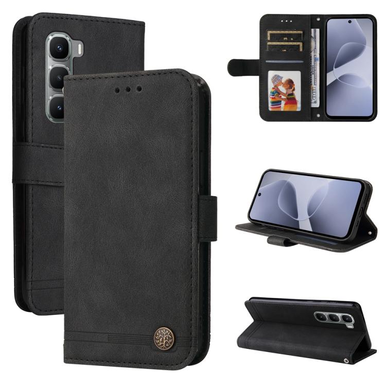 Black leather-style wallet phone case with card slots, metal button, and flip cover
