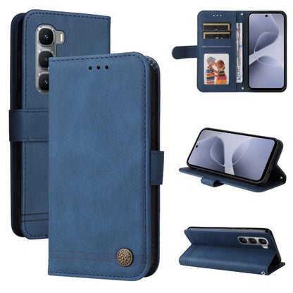 Blue leather-style wallet phone case with card slots, metal button, and kickstand cover