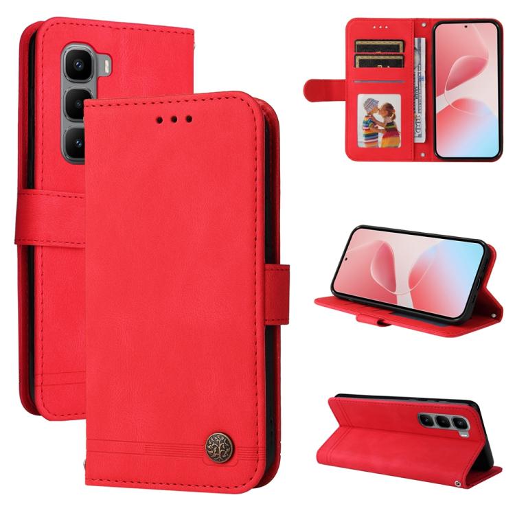 Red leather folio phone case with card slots, metal button, and stand for viewing