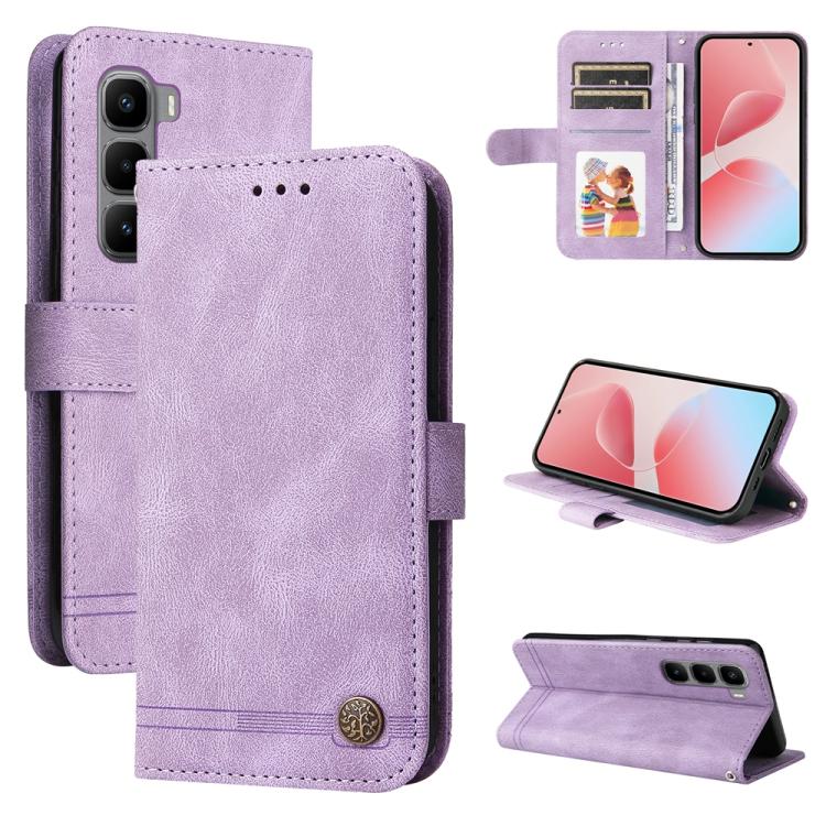 Purple leather folio phone case with card slots, metal button, and stand for viewing