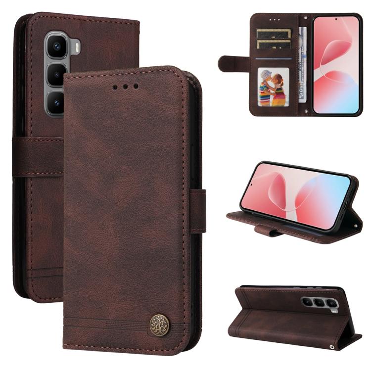 Brown leather folio phone case with card slots, metal button, and stand for viewing