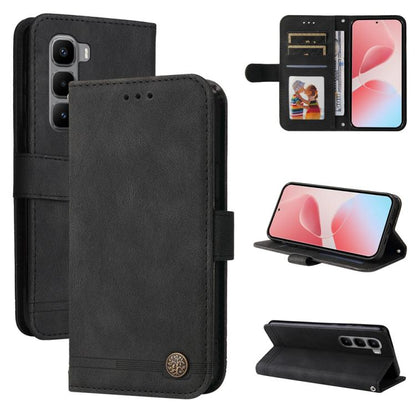 Black leather folio phone case with card slots, metal button, and stand for viewing