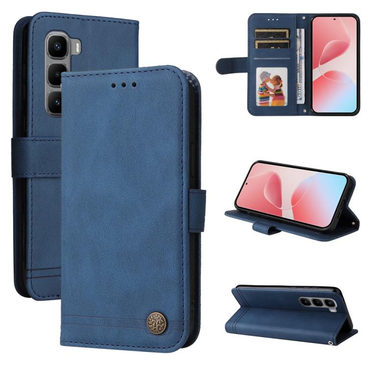 Blue leather-style wallet phone case with card slots, metal button, and flip cover