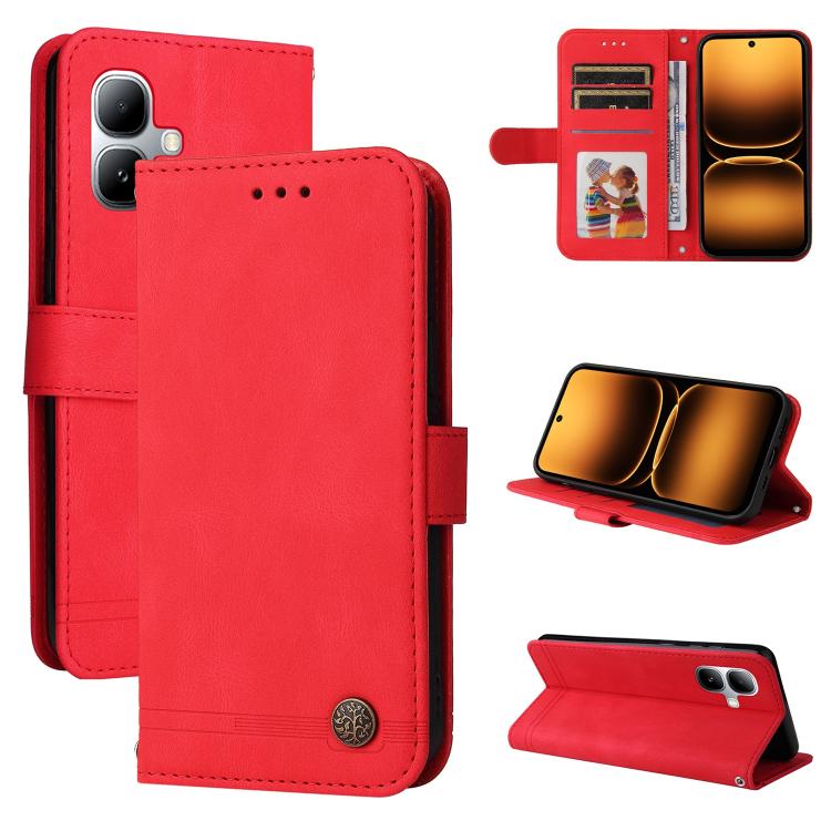 Red leather wallet phone case with metal button, card slots, and stand cover