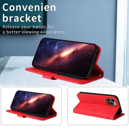 Red leather wallet phone case with folding stand for viewing on desk