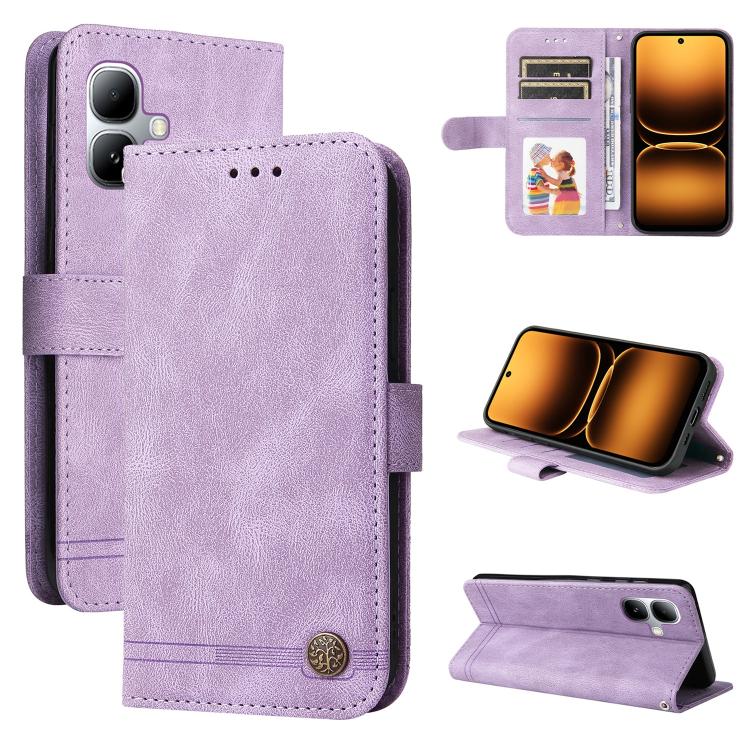 Purple leather wallet phone case with metal button, card slots, and folding stand