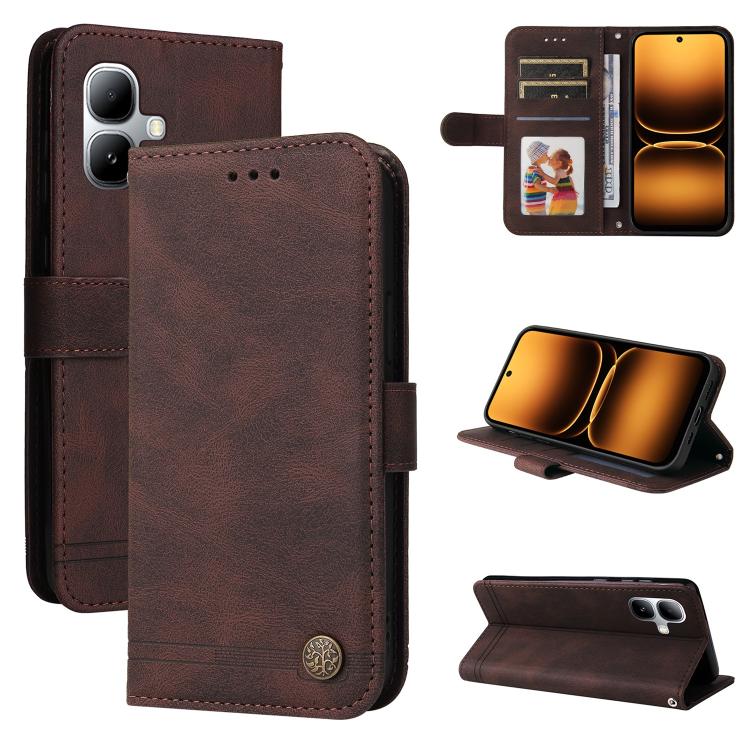 Brown leather wallet phone case with metal snap button, card slots, and stand cover