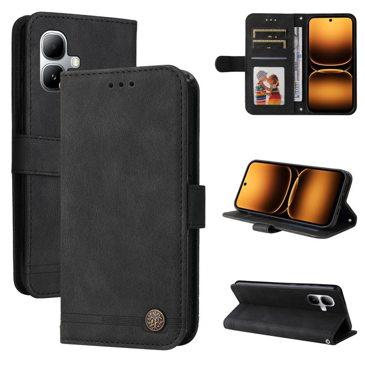 Black leather wallet phone case with metal snap button, card slots, and stand cover