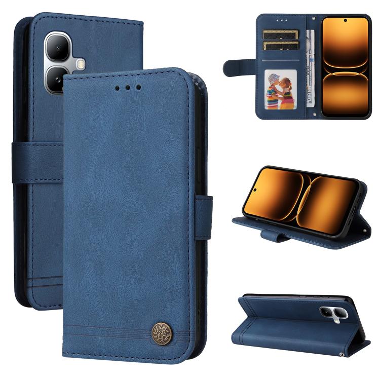 Blue leather wallet phone case with card slots, metal button, and kickstand