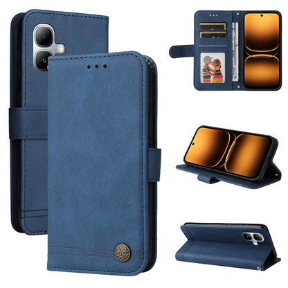 Blue leather wallet phone case with card slots, metal button, and kickstand