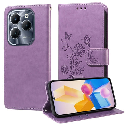 Purple leather phone case, embossed butterfly-flower design, flip cover with card slot