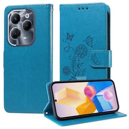 Blue leather phone case, embossed butterfly-flower design, flip cover with card slot