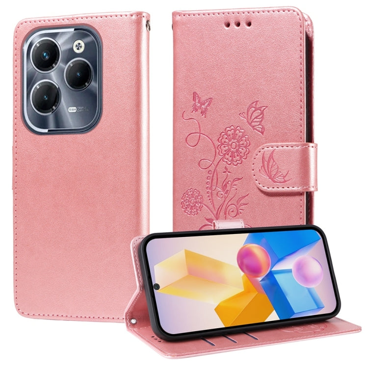 Pink leather flip phone case with embossed butterfly-flower design, shown with phone
