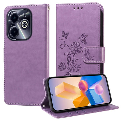 Purple leather flip phone case with embossed butterfly-flower design, shown with phone