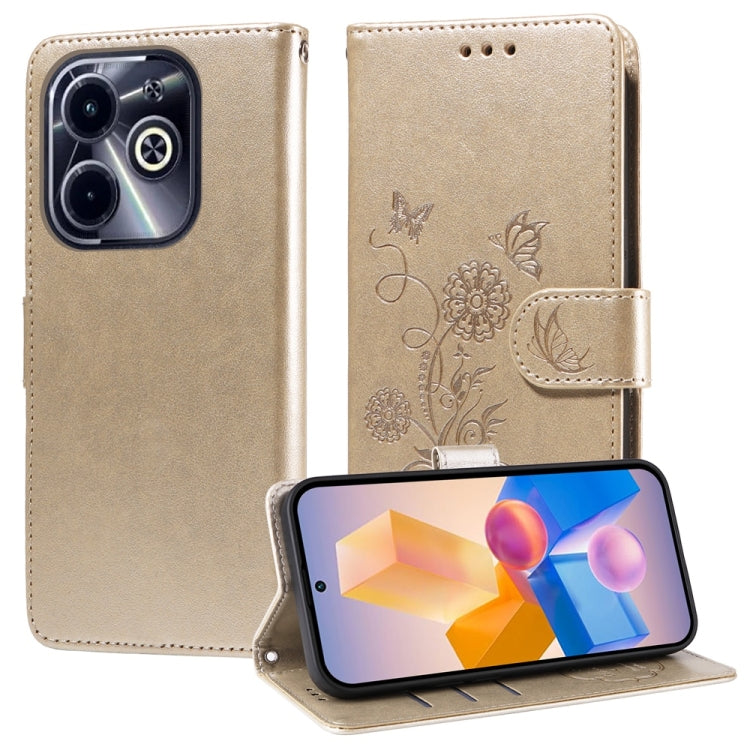 Beige leather flip phone case with embossed butterfly-flower design, shown with phone