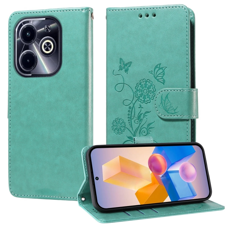 Green leather flip phone case with embossed butterfly-flower design, shown with phone