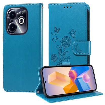 Blue leather flip phone case with embossed butterfly-flower design, shown with phone