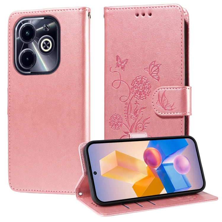 Rose leather phone case with embossed butterfly and flower design, flip stand and strap