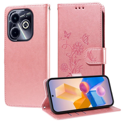 Rose leather phone case with embossed butterfly and flower design, flip stand and strap