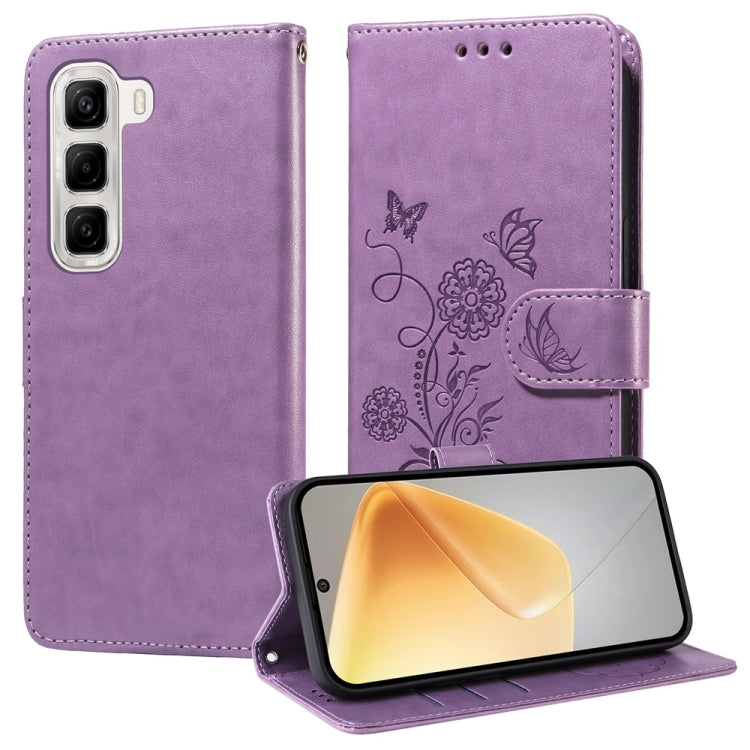Leather folio phone case with embossed butterfly and floral design, purple, side strap