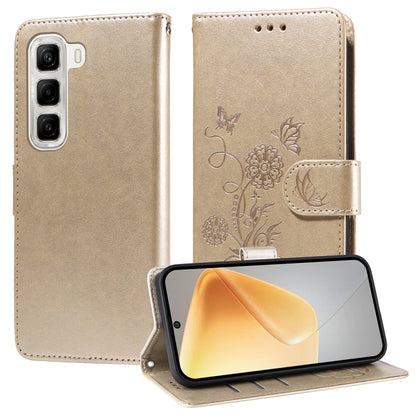 Leather folio phone case with embossed butterfly and floral design, beige, side strap