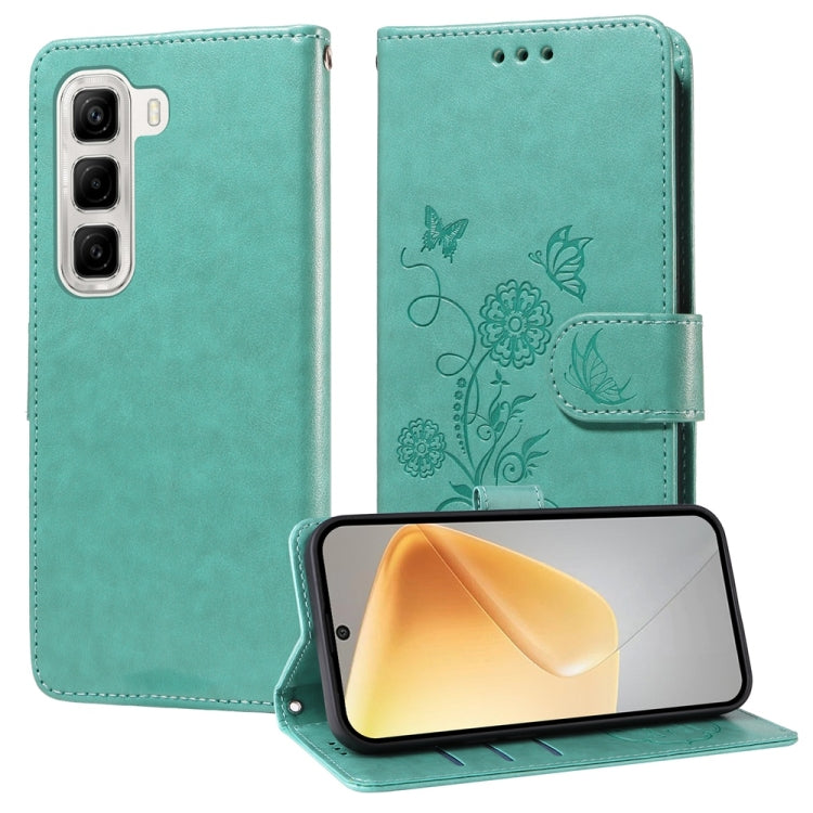 Leather folio phone case with embossed butterfly and floral design, teal green, side strap