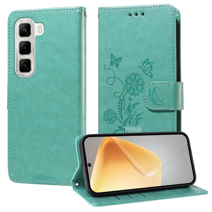 Leather folio phone case with embossed butterfly and floral design, teal green, side strap
