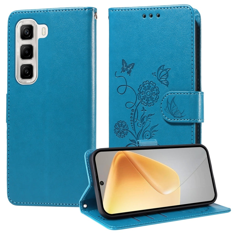 Leather folio phone case with embossed butterfly and floral design, blue, side strap