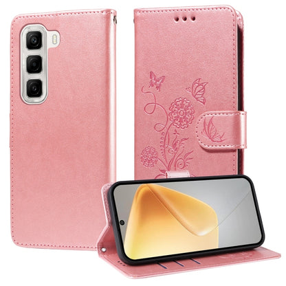 Leather folio phone case with embossed butterfly and floral design, pink, stand-up cover