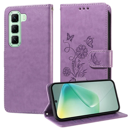Leather folio phone case with embossed butterfly and floral design, purple, stand-up cover