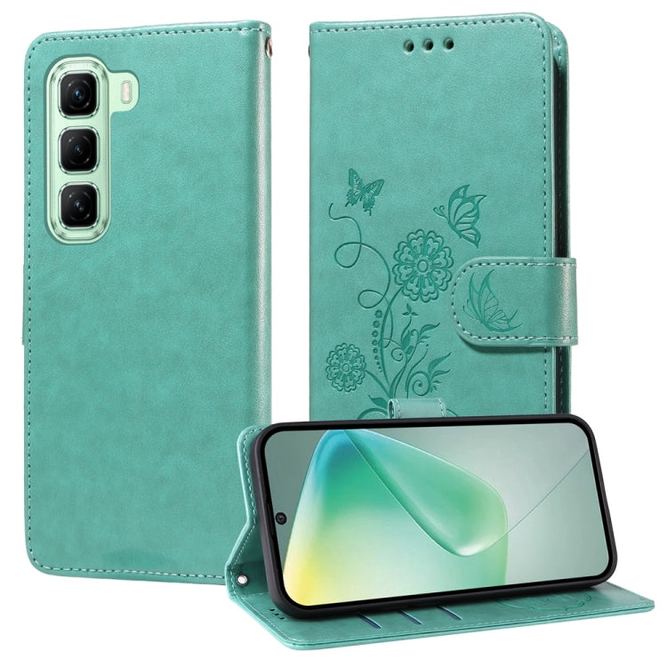 Leather folio phone case with embossed butterfly and floral design, teal green, stand-up cover