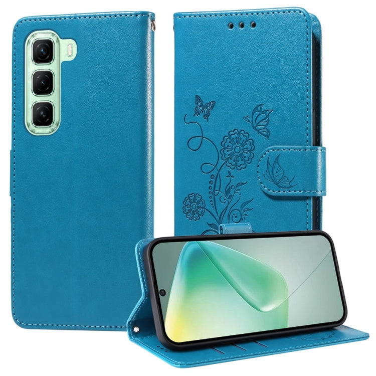 Leather folio phone case with embossed butterfly and floral design, blue, stand-up cover