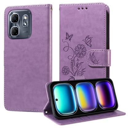Purple embossed butterfly and flowers leather phone case with folio wallet flap.