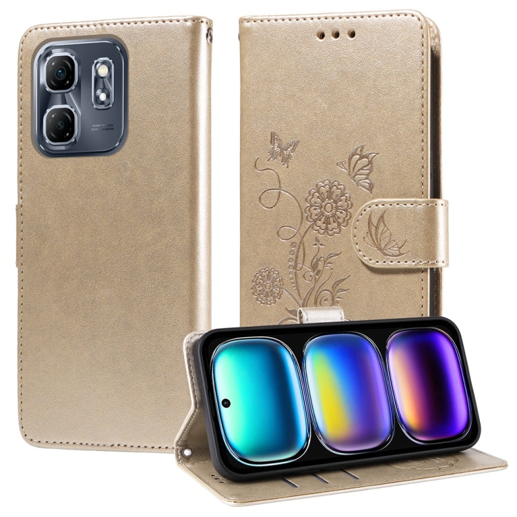 Beige embossed butterfly and flowers leather phone case with folio wallet flap.