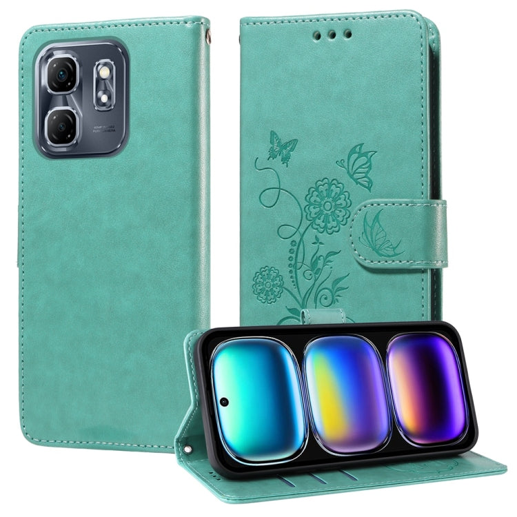 Teal embossed butterfly and flowers leather phone case with folio wallet flap.