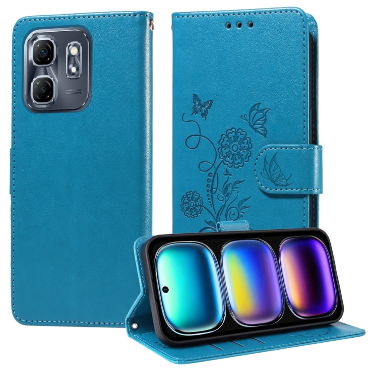 Blue embossed butterfly and flowers leather phone case with folio wallet flap.
