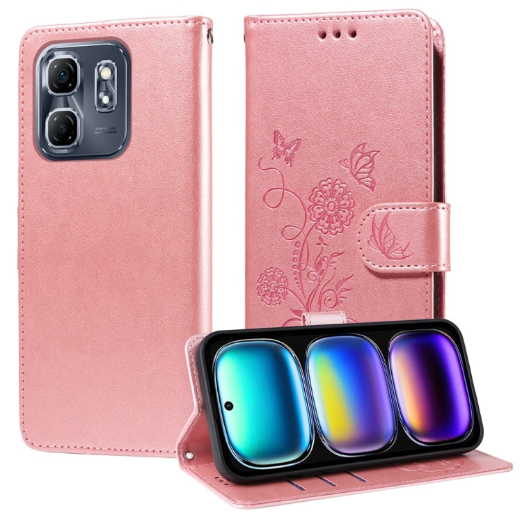Light pink embossed butterfly and flowers leather phone case with folio wallet flap.
