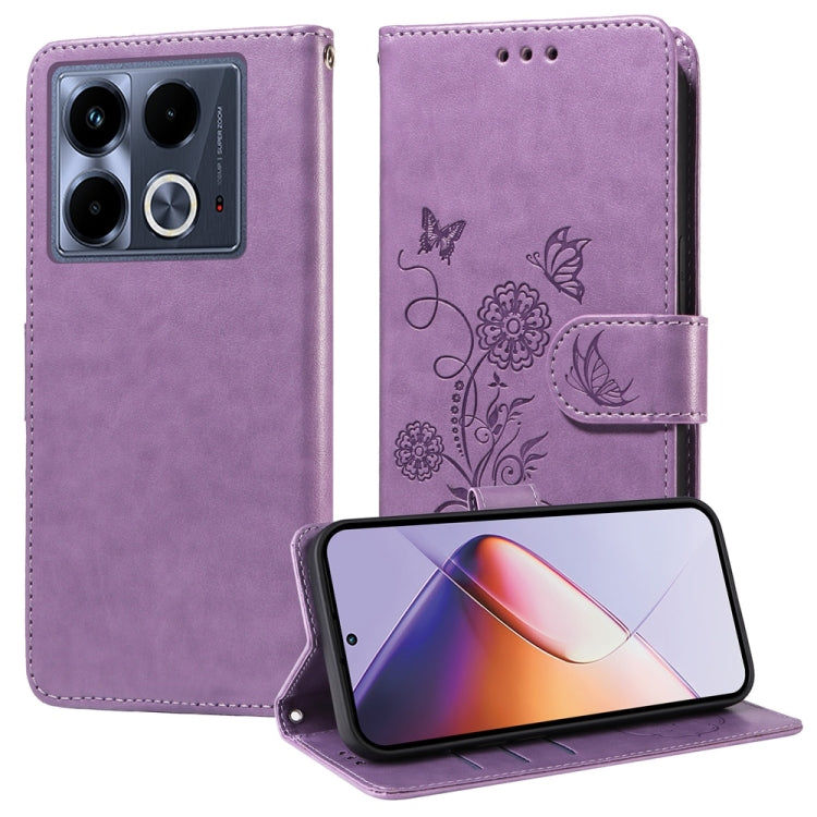 Purple leather phone case with embossed butterfly and flower design, flip cover