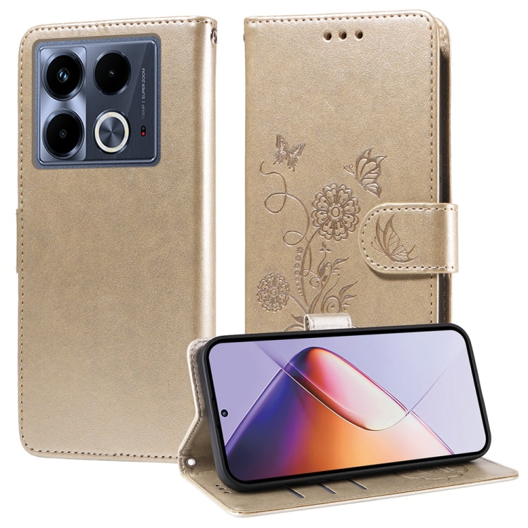 Beige leather phone case with embossed butterfly and flower design, flip cover