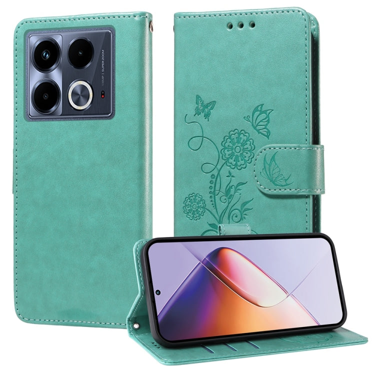 Teal leather phone case with embossed butterfly and flower design, flip cover