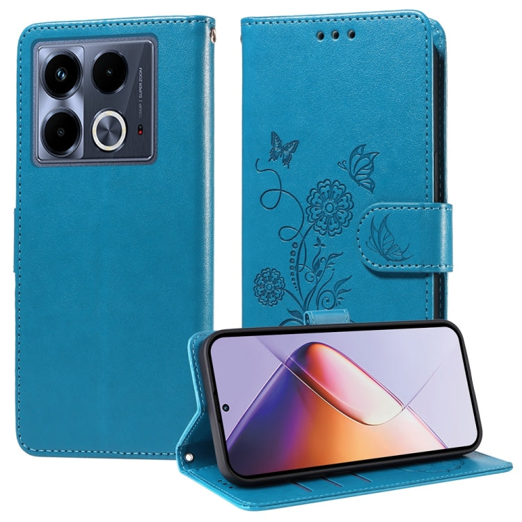 Blue leather phone case with embossed butterfly and flower design, flip cover
