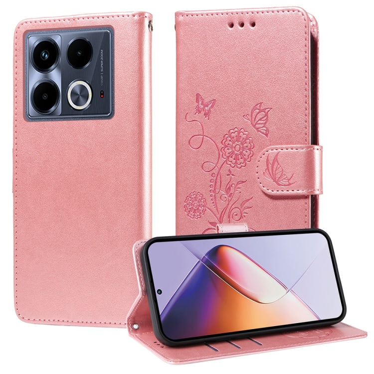 Pink leather phone case, embossed butterfly-flower design, flip cover with card slot
