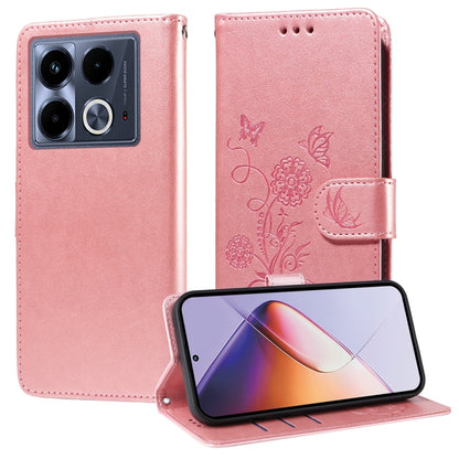 Pink leather phone case, embossed butterfly-flower design, flip cover with card slot