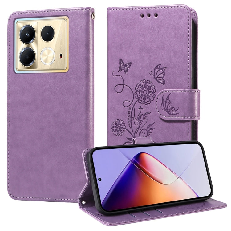 Purple embossed butterfly-flower leather folio phone case with card-slot style strap