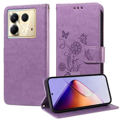 Purple embossed butterfly-flower leather folio phone case with card-slot style strap
