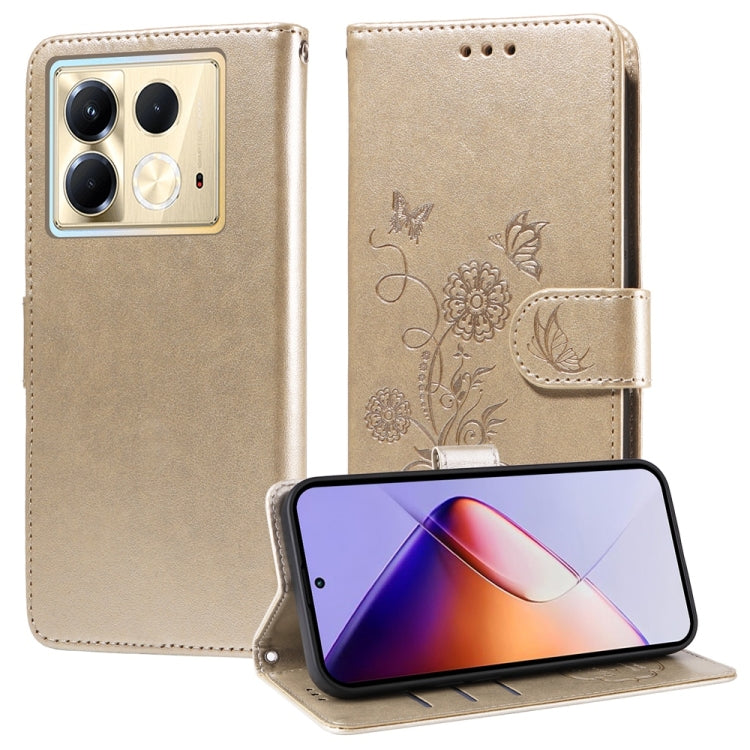 Gold/beige embossed butterfly-flower leather folio phone case with magnetic flap strap