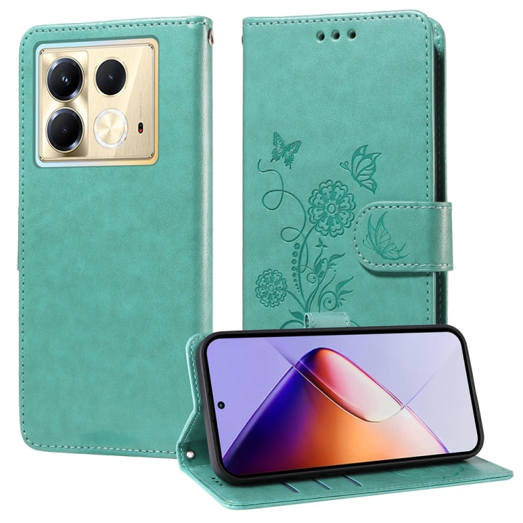 Teal green embossed butterfly-flower leather folio phone case with side camera cutout