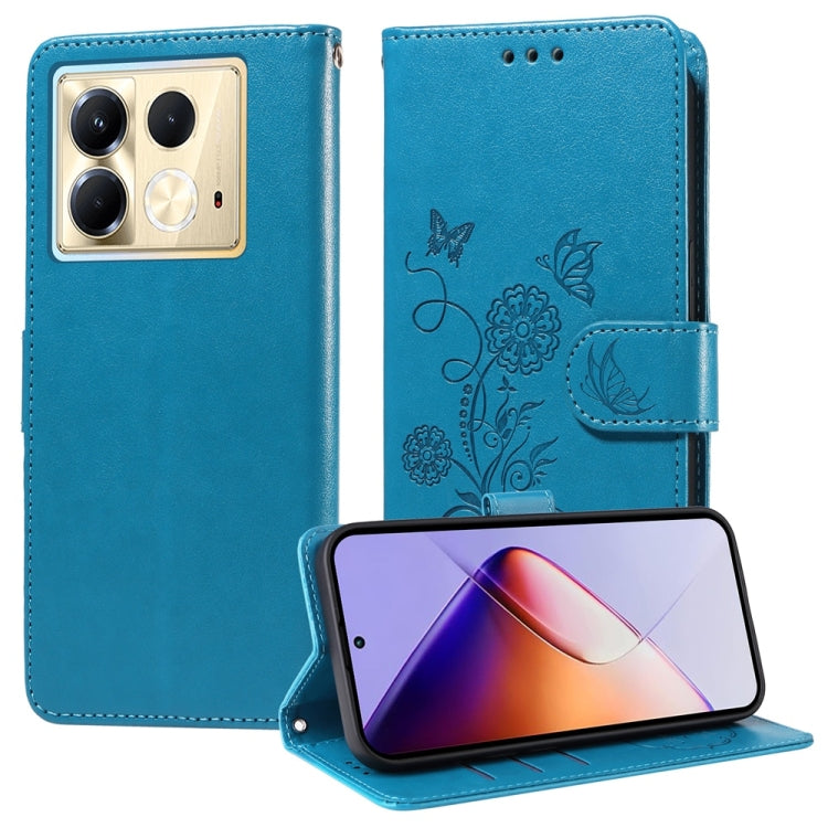 Blue embossed butterfly-flower leather folio phone case with magnetic flap strap