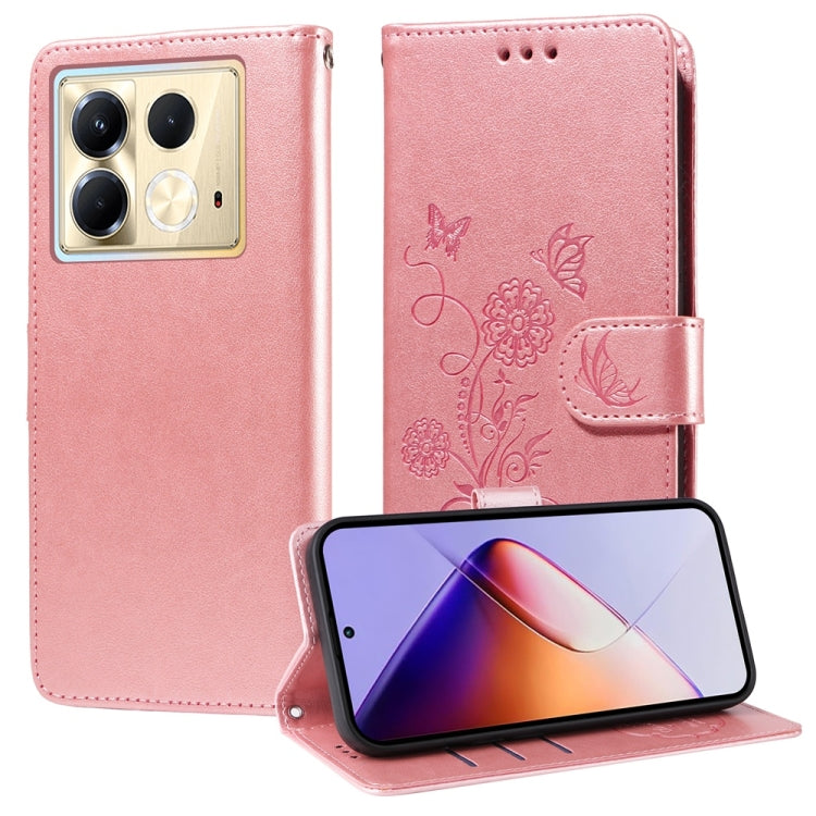 Pink leather phone case with embossed butterfly and flower design, flip cover