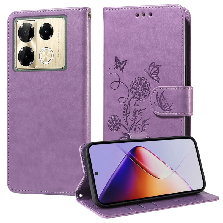 Purple leather phone case with embossed butterfly and flower design, flip cover